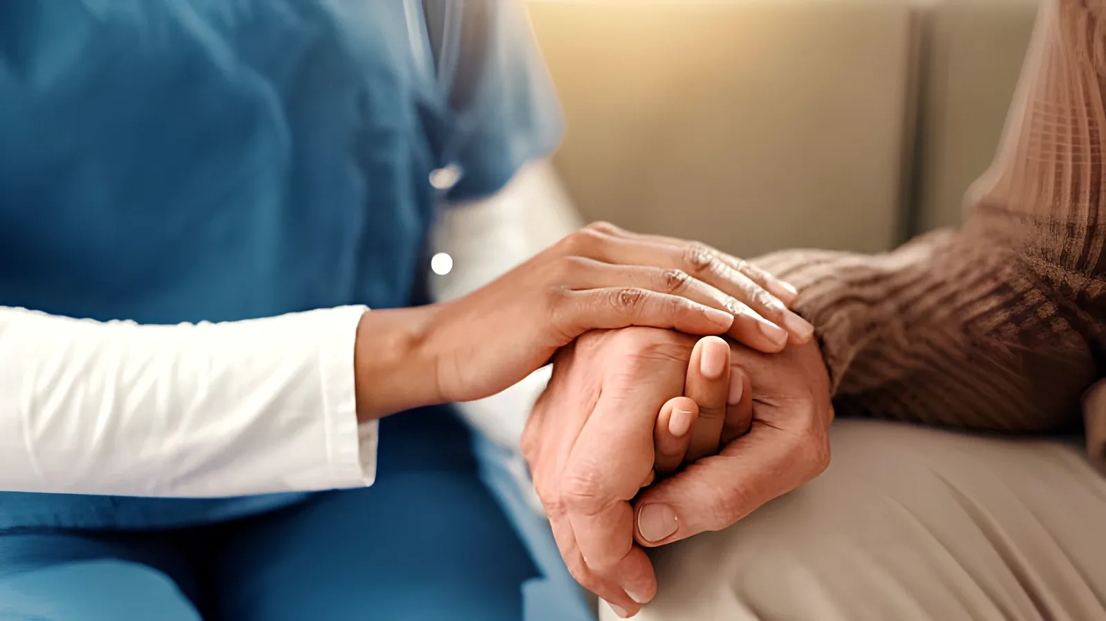 Caregiver gently holding an older adult's hand