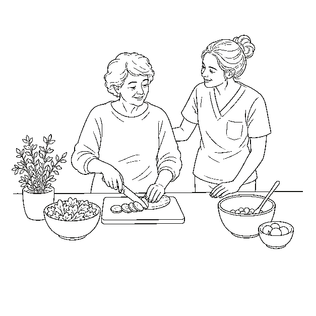 Adult preparing food with respectful assistance from a support worker