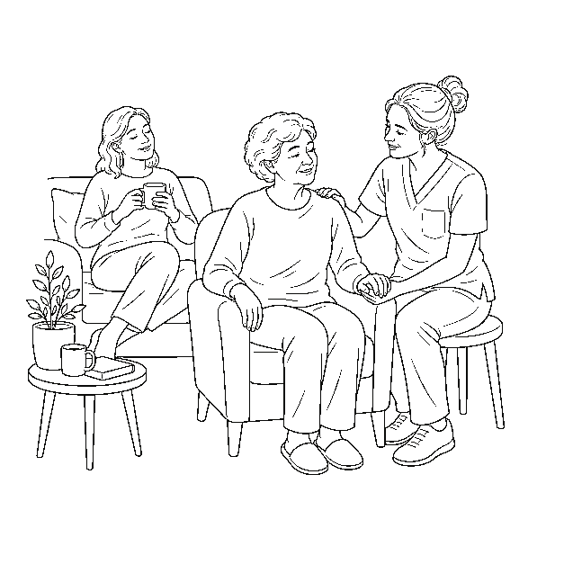 Family member recharging while a professional caregiver supports their loved one