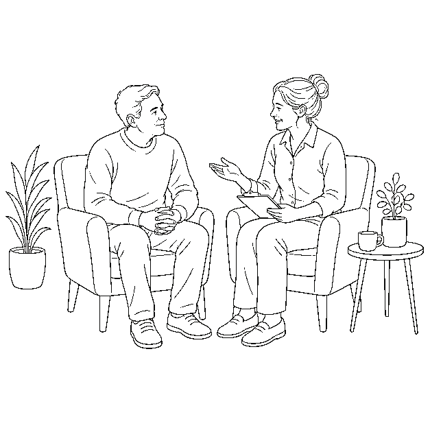 Support worker having a calm and reassuring conversation with an adult