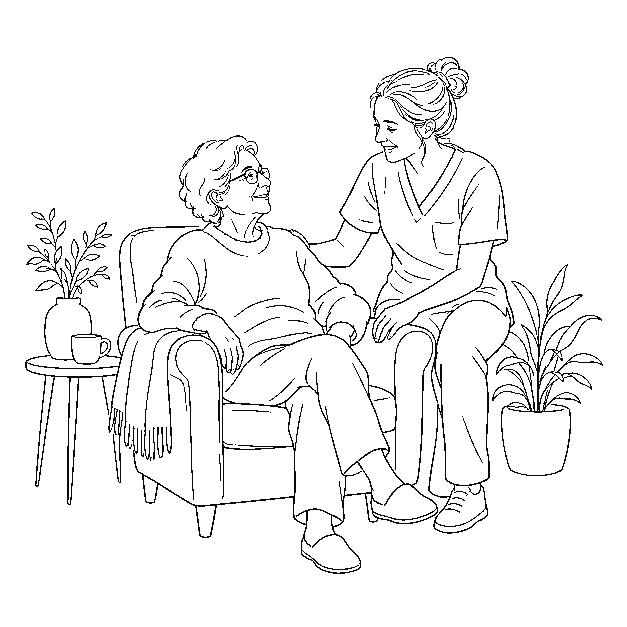 Older adult relaxing at home with a supportive caregiver nearby